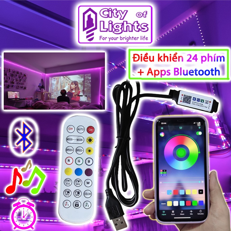 Đèn led trang trí phòng ngủ nháy theo nhạc đèn led tiktok dài 1M 3M 5M hỗ trợ livestream điều khiển qua apps bluetooth