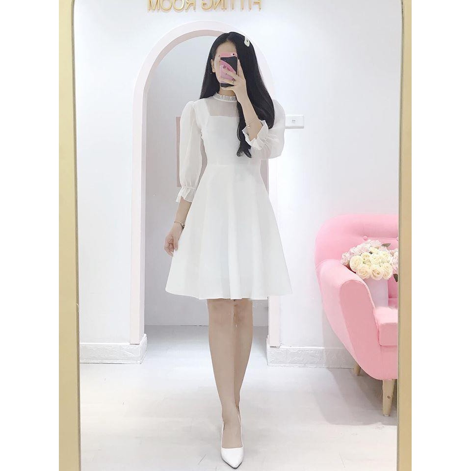 Đầm trắng dự tiệc phối tay voan kín đáo | BigBuy360 - bigbuy360.vn