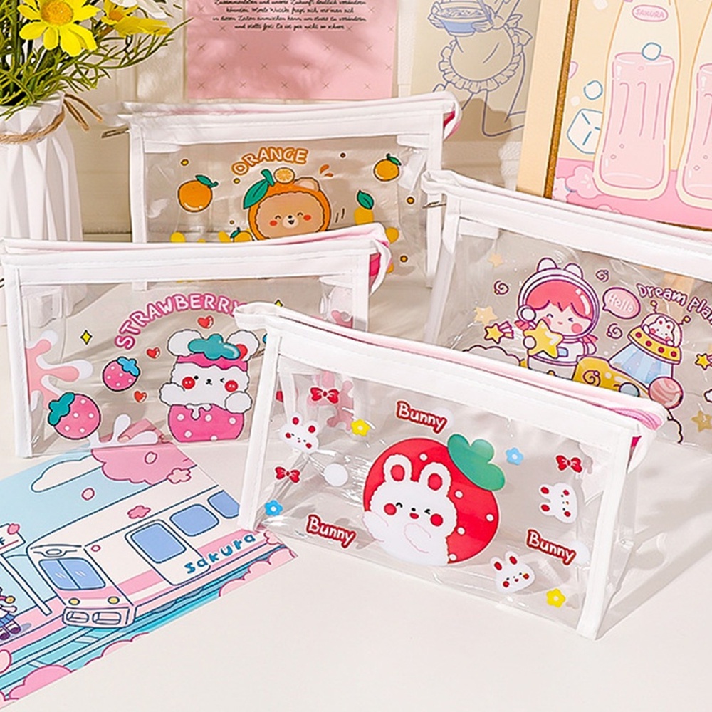 Túi đựng mỹ phẩm hình tam giác màu trong suốt họa tiết hoạt hình dễ thương