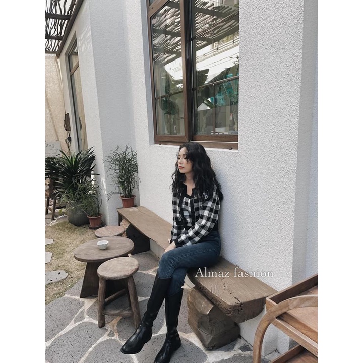 Set áo len cardigan kẻ caro kèm áo 2 dây sang chảnh siêu xinh siêu hot