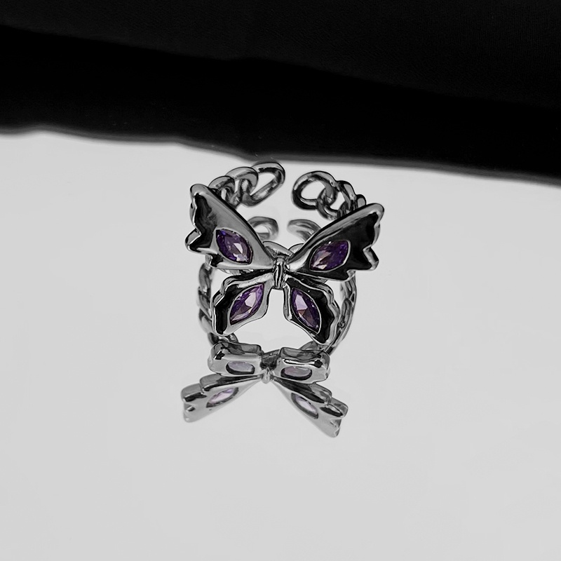 Nhẫn Hình Bướm Màu Đen / Tím Đính Đá Kim Cương Tím Phong Cách punk hip hop Hàn Quốc Có Thể Điều Chỉnh