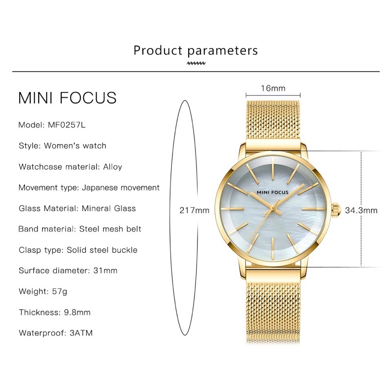 Đồng hồ nữ MINI FOCUS MF0257L.03 dây thép màu đen viền thép không gỉ màu vàng 3 kim hàng chính hãng cao cấp Nhật Bản