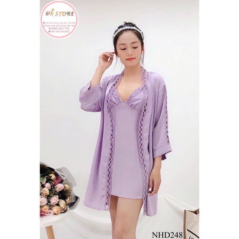 [FREESHIP ]Đầm Ngủ Lụa Satin Cao Cấp 2 Dây Phối Ren Sexy Kèm Áo Khoác Tay Lửng Freesize Dưới 57kg