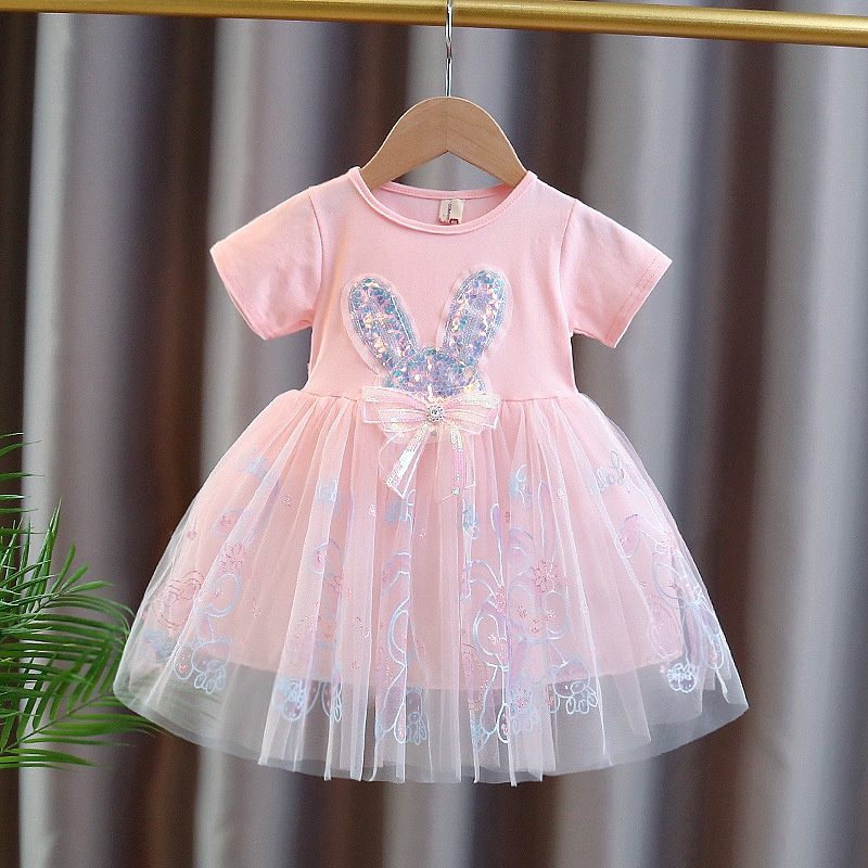 Đầm Ngắn Tay Giả Hai Lớp In Hình Thỏ Dễ Thương Dành Cho Bé Gái