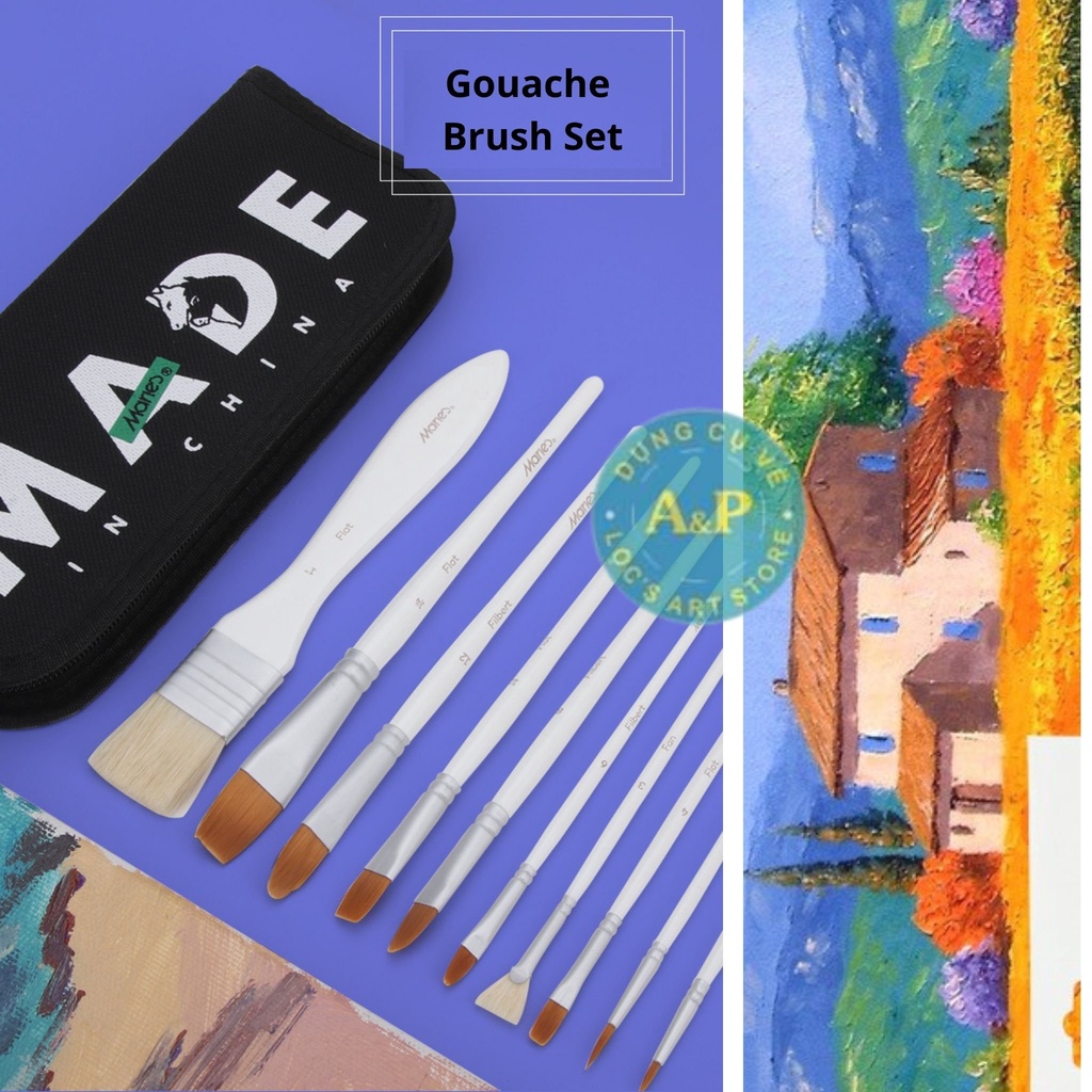 Cọ bộ 10 cây Marie's vẽ màu Gouache  lông nylon và lông ngựa kèm túi đựng