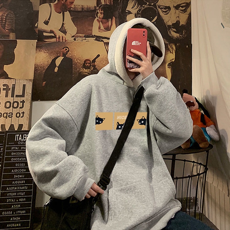 Áo hoodie form rộng dáng dài chùm mông mũ trắng Mew mew dày dặn