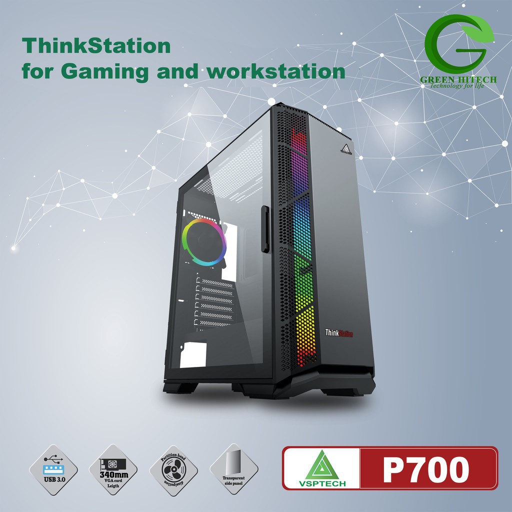 Vỏ Case VSP P700 ThinkStation Chuẩn Full ATX - Mặt Trước Và Hông Kính Cường Lực-  MÁY TÍNH 2T