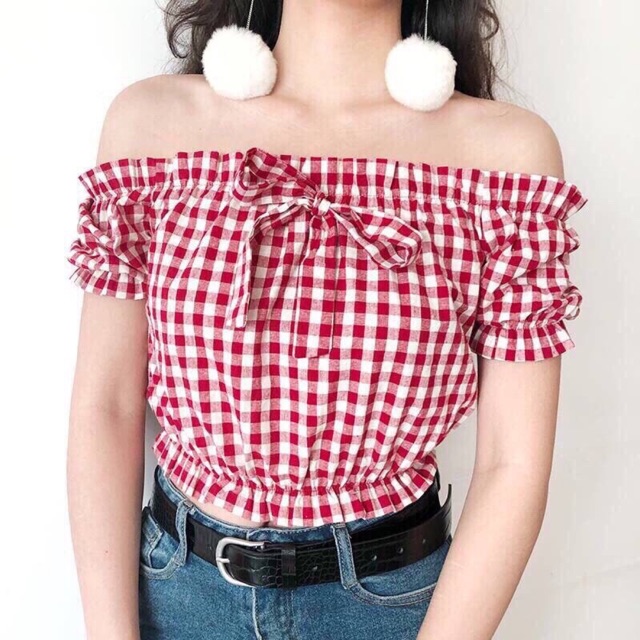Áo kiểu croptop trễ vai caro phối nơ kèm chun eo ôm dáng