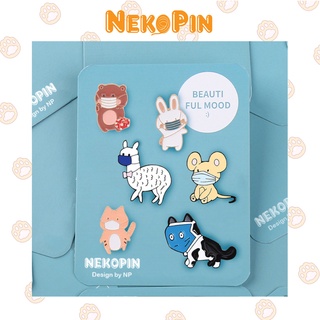 Ghim cài áo NEKOPIN trang trí áo, balo, túi xách hình con vật mèo thỏ gấu chuột cừu đeo khẩu trang P041