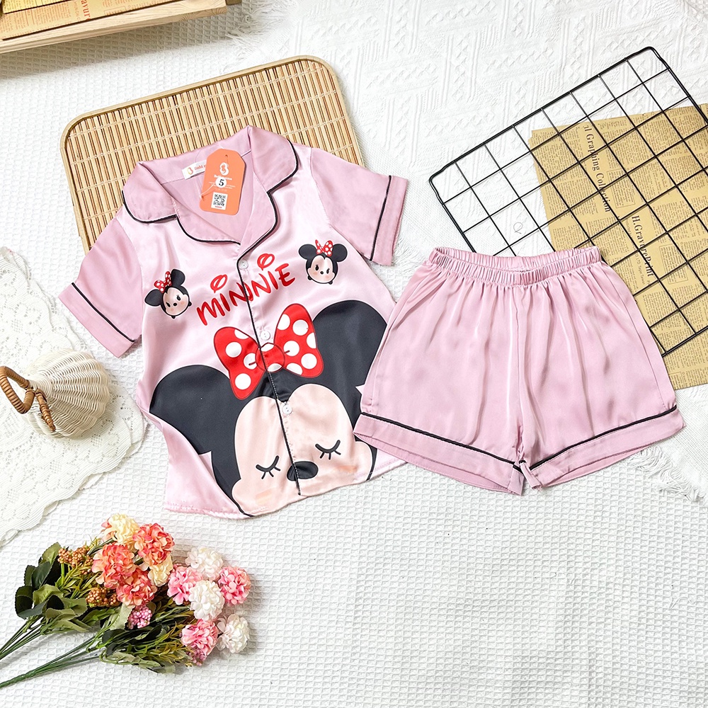 Bộ Đồ Ngủ Pijama Lụa Cộc Tay In Hoạt Hình 3D Dễ Thương Từ Lụa Satin Dành Cho Bé Gái Size 13-35kg - BPN35 - Babi mama