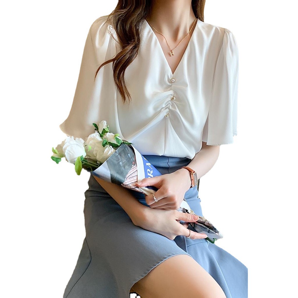 váy suôngváy body◙◑♛Real shot hè 2021 phong cách mới phiên bản Hàn Quốc áo sơ mi tay ngắn loe cổ chữ V mùa