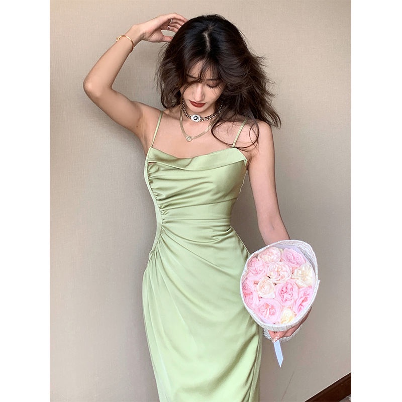 Đầm Hai Dây Vải Satin Màu Xanh Lá Phong Cách Pháp Thời Trang Mùa Hè Hàng Mới