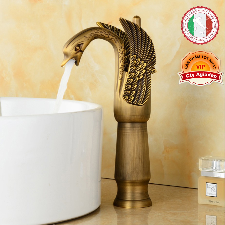 Vòi Lavabo Tân cổ điển siêu xịn đẹp ITALIA hình Cánh chim (Chân cao) + Đôi dây cấp