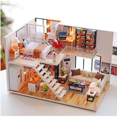 Mô hình nhà gỗ búp bê tự lắp ráp với nội thất cho trẻ