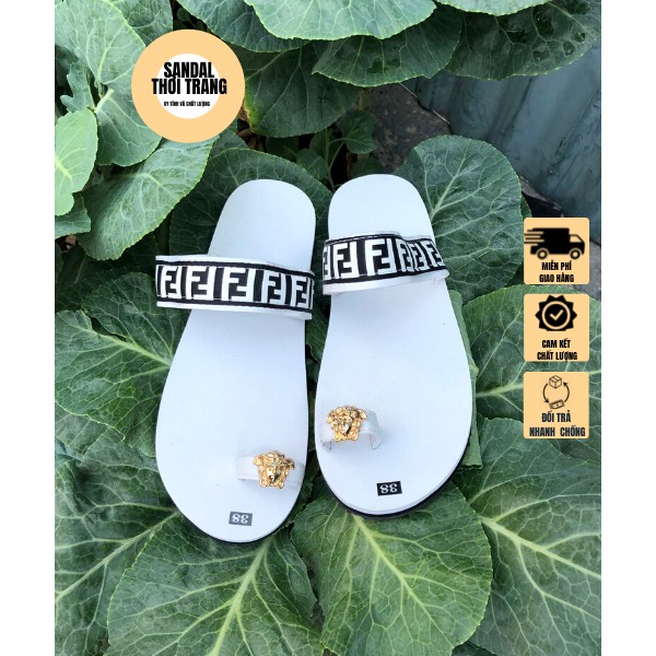 Dép sandal nữ xỏ ngón, SANDALTHOITRANG  FF Trắng/đen full size 30-44