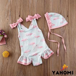 Bộ đồ bơi mảnh + nón bơi hình chim hồng hạc cho bé gái