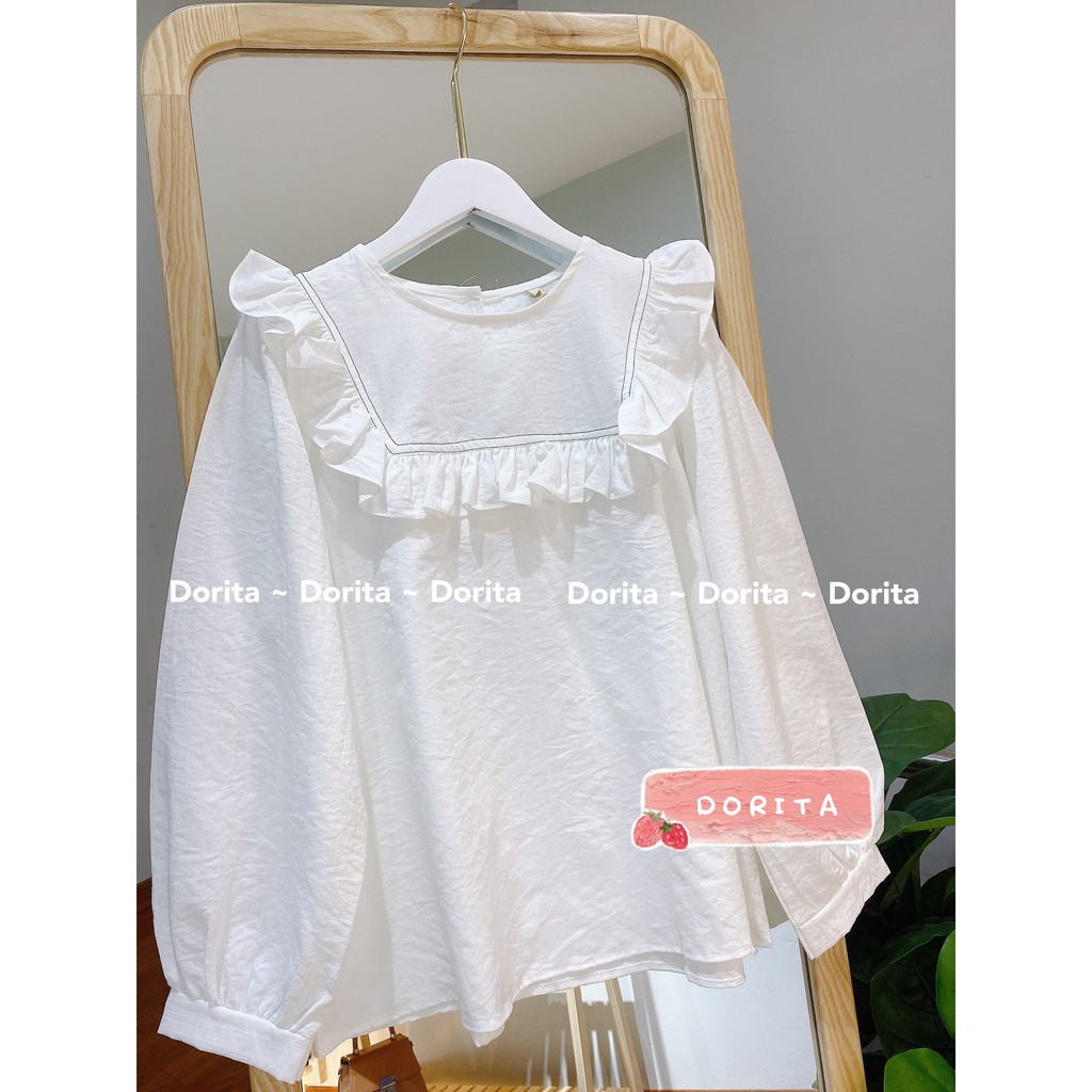 Áo sơ mi viền bèo cổ vuông Áo sơ mi vintage hàng Quảng Châu - Dorita Boutique