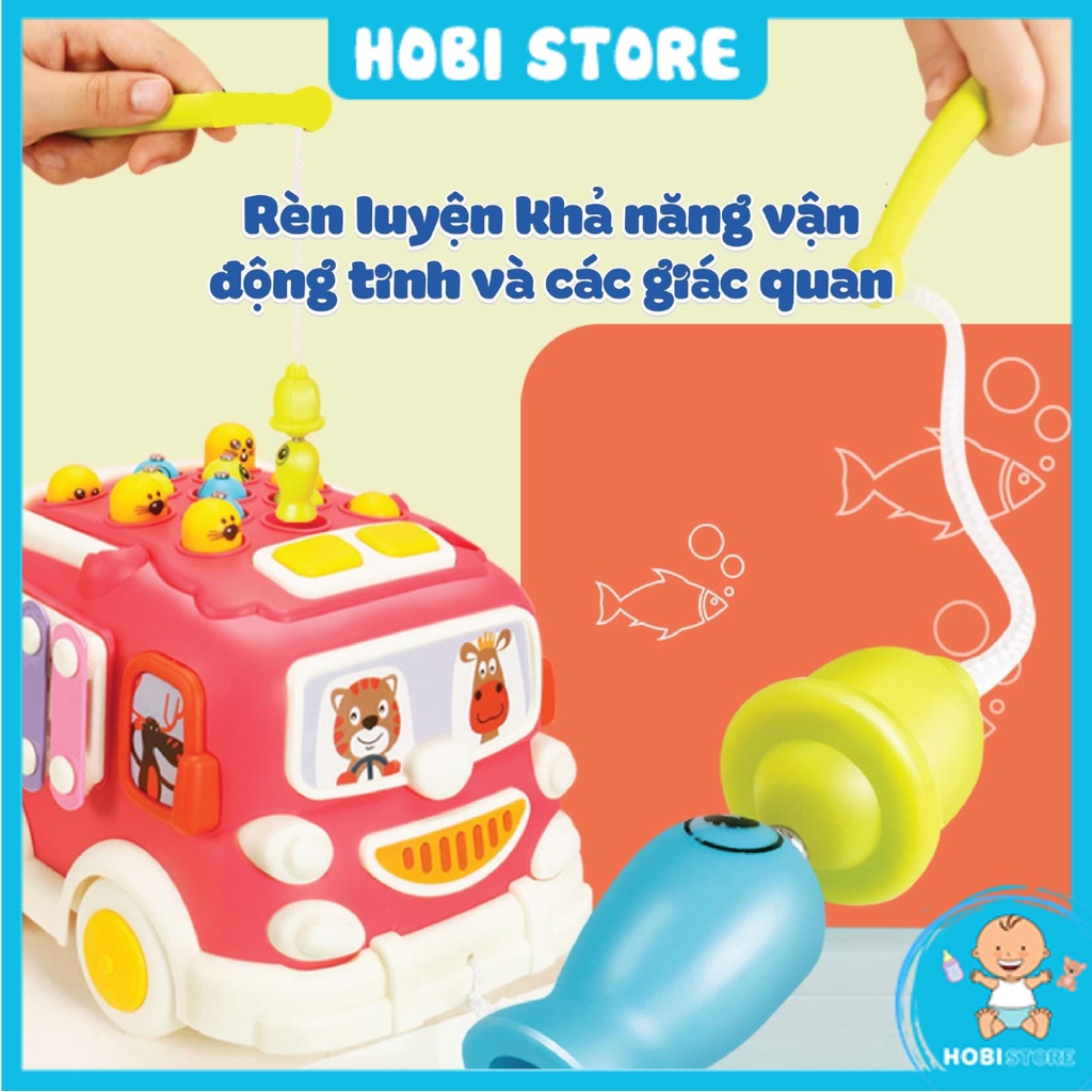 Hộp âm nhạc, xe bus âm nhạc 6 mặt đa năng cho bé có nhạc, đồ chơi xe buýt đàn gõ, câu cá, đập chuột, bánh răng - Hobi