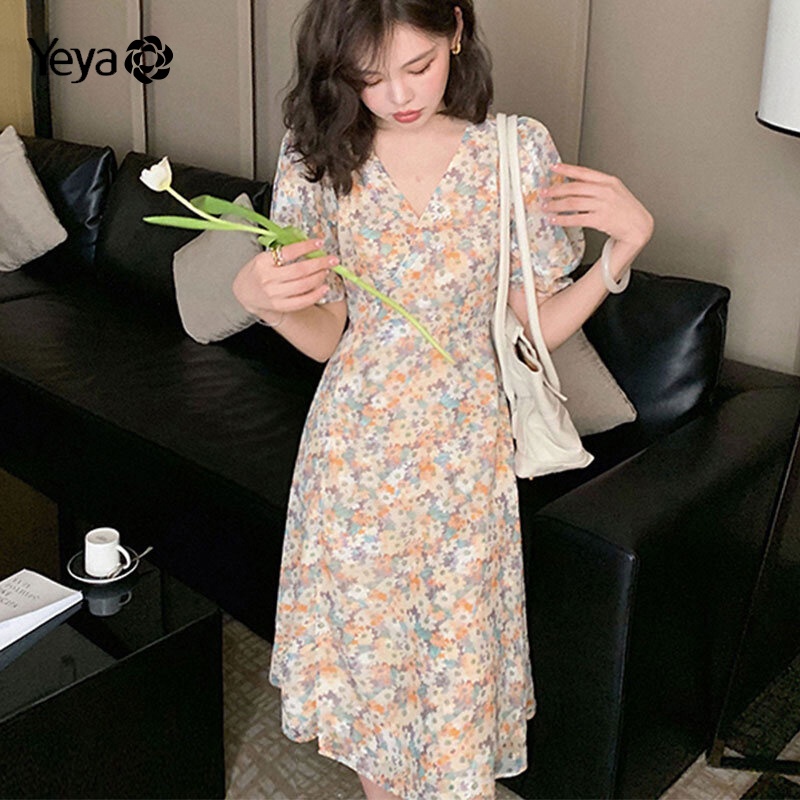 Đầm voan hoa YEYA cổ chữ v phong cách hàn quốc