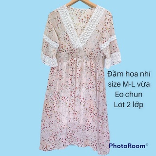 ĐẦM HOẠ TIẾT NHÍ HOA NHÍ PHỐI REN MÀU BE DÁNG DÀI VOAN 2hand
