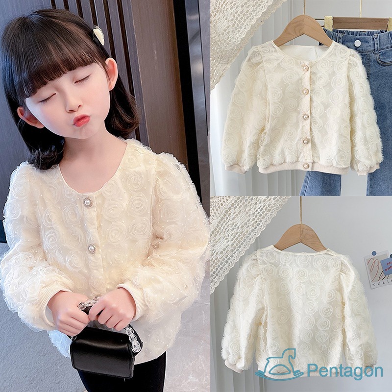 Áo Khoác Cardigan Tay Dài Có Gân Và Nút Ngọc Trai Dễ Thương Dành Cho Bé Gái