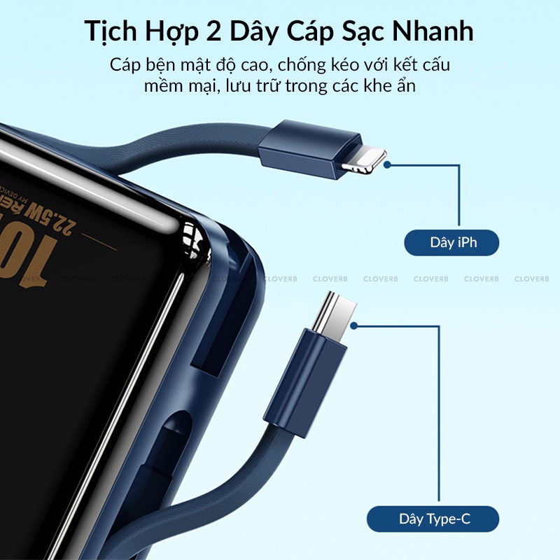 Pin Dự Phòng 10000mAh REMAX Nhỏ Gọn Sạc Nhanh 22.5W Tích Hợp 2 Dây Cáp Sạc Cho iP 13 Pro Max Samsung Xiaomi Huawei Oppo