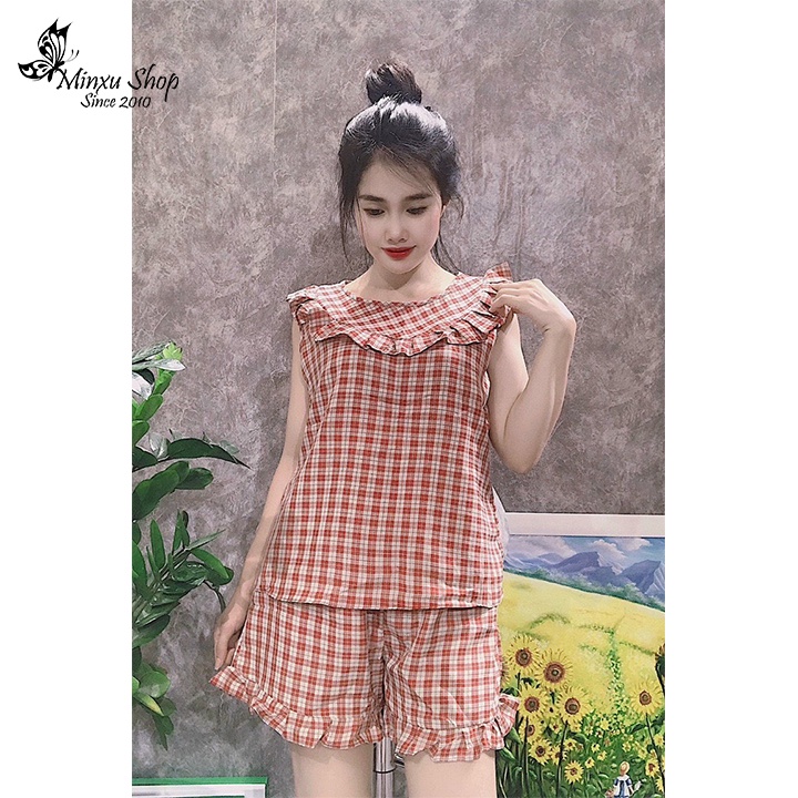 Bộ ngủ nữ kẻ caro áo cộc quần đùi, bộ mặc nhà sát nách chất đũi mềm thoáng mát thấm hút mồ hôi Minxu Shop AF