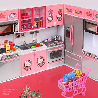 bếp mini cô gái Đồ chơi trẻ em mô phỏng ngôi nhà bé nấu ăn tủ lạnh Hello Kitty 3 bộ 6 tuổi
