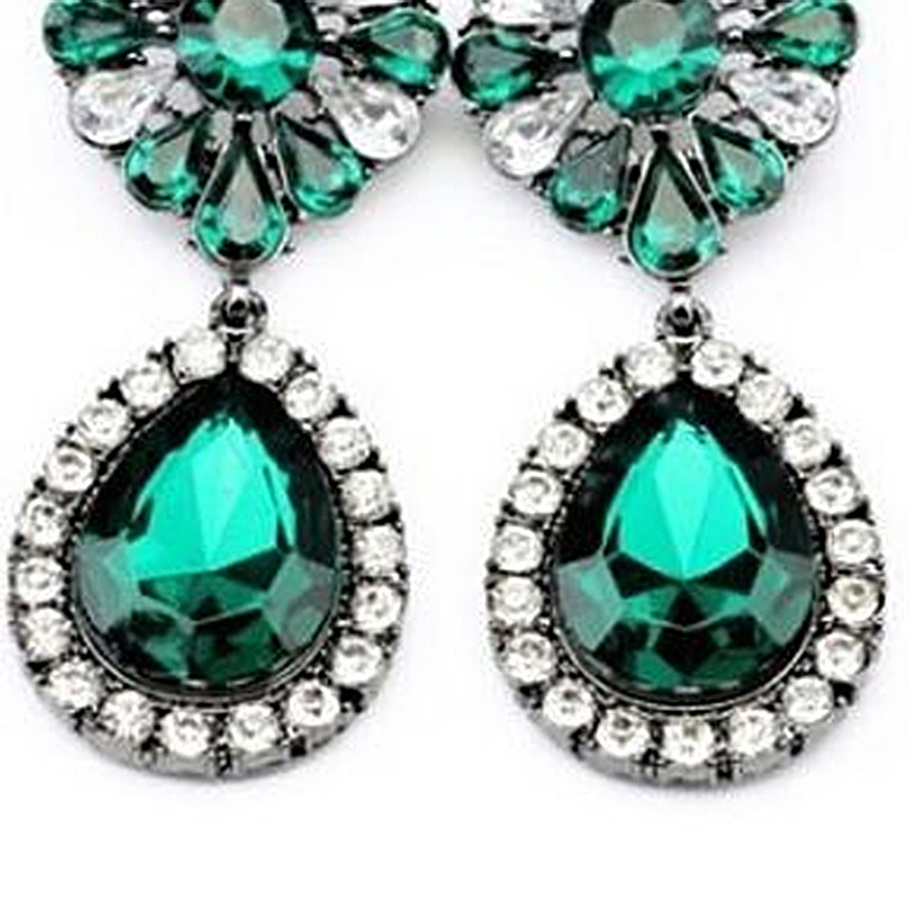 Bông tai đính đá xanh hình giọt nước và hoa nữ tính cổ điển