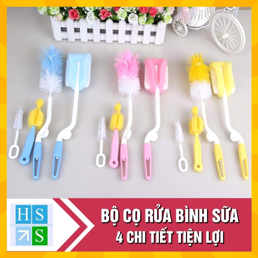 Bộ 4 chi tiết chổi cọ ly cốc, cọ bình sữa tiện lợi (Giao mầu ngẫu nhiên)