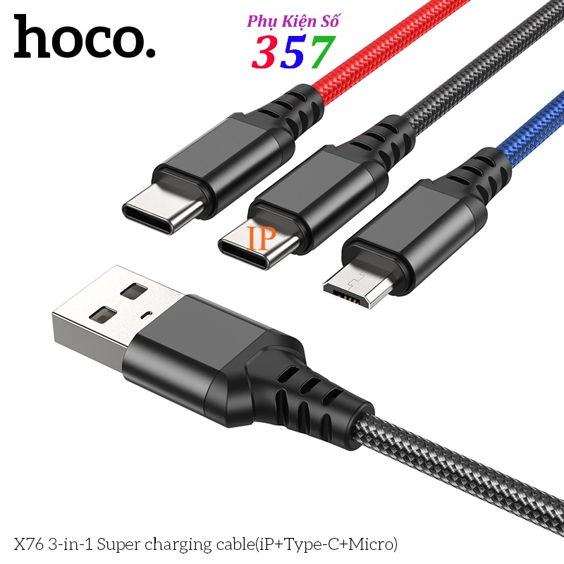 Dây cáp sạc 3 đầu Hoco X76 IP/Micro/TypeC dài 1m bọc dù dòng 2A