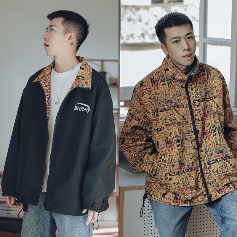 Áo khoác cổ đứng hai mặt in họa tiết màu đen phong cách Hàn Quốc thời trang mùa thu cho nam size M-2Xl