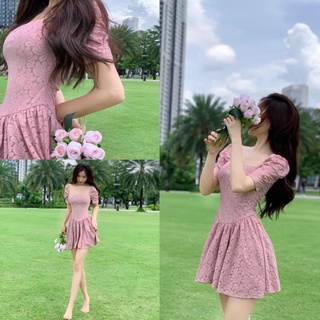 Đầm Ren Tay Ngắn Phồng Xòe Thiết Kế Dễ Thương Phong Cách Hàn Quốc 3293