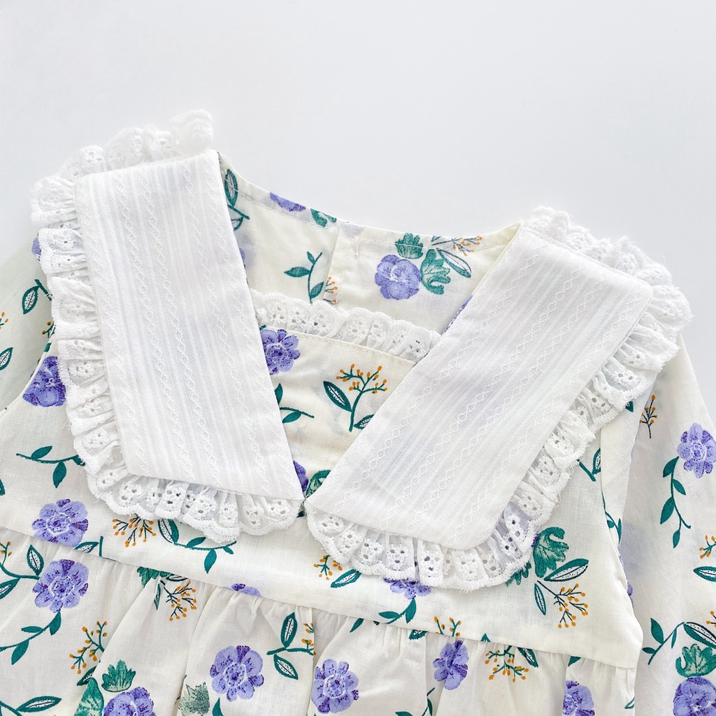 Áo liền quần SANLUTOZ tay dài in hoa kèm mũ thời trang mùa thu xinh xắn cho bé gái