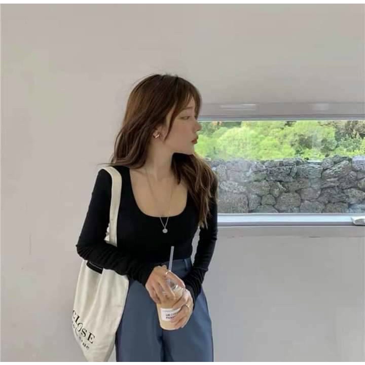 Áo kiểu tay dài croptop ôm dáng cổ vuông chất bozip đẹp
