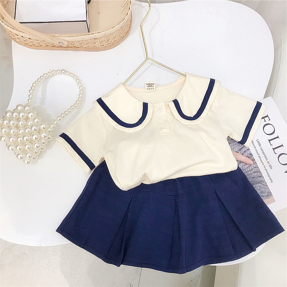 Set Áo Thun Tay Ngắn + Chân Váy Xếp Ly Mùa Hè Hàn Quốc Mới 2023 Cho Bé Gái