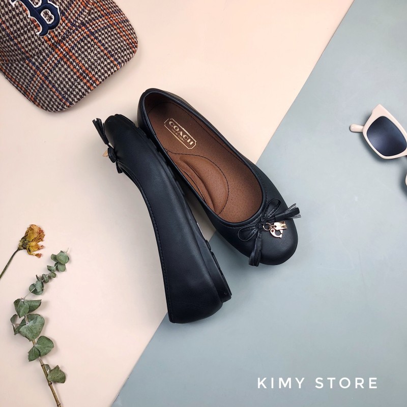 Giày bệt nữ hoạ tiết chữ C - Giày búp bê nữ mũi tròn mix nơ chuông - Kimy Store
