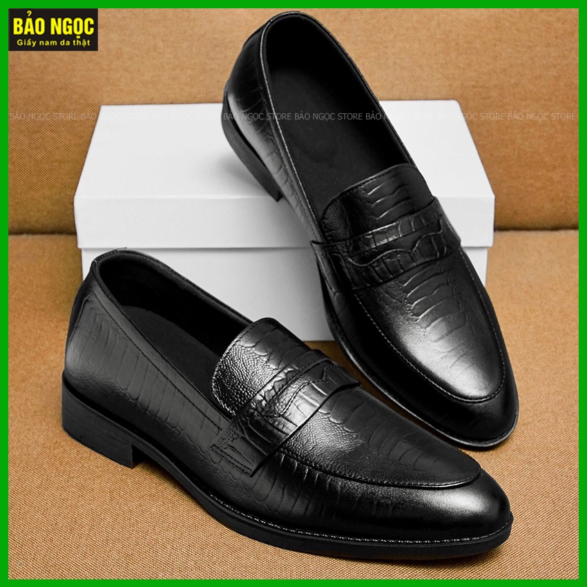 Giày lười nam tăng chiều cao 6,5cm da bò thật cực chất BẢO NGỌC STORE - Mã TC2526 Đen
