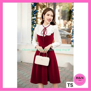 Váy nữ Thiết Kế xòe dài tay nơ cổ Đầm nhung dự tiệc sang chảnh HN clothing v23