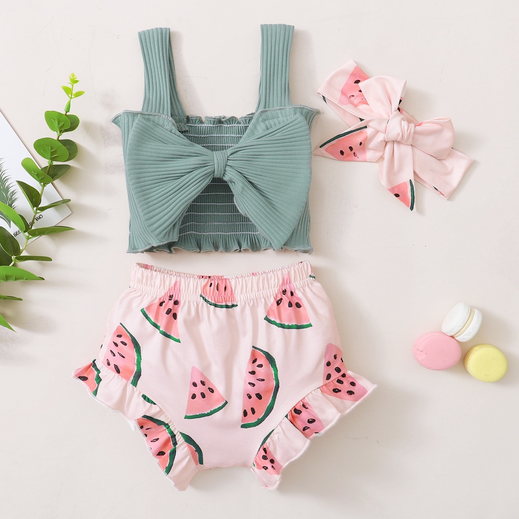 Set Áo dây MIKRDOO phối nơ và Quần ngắn hình dưa hấu có Băng đô năng động cho bé gái