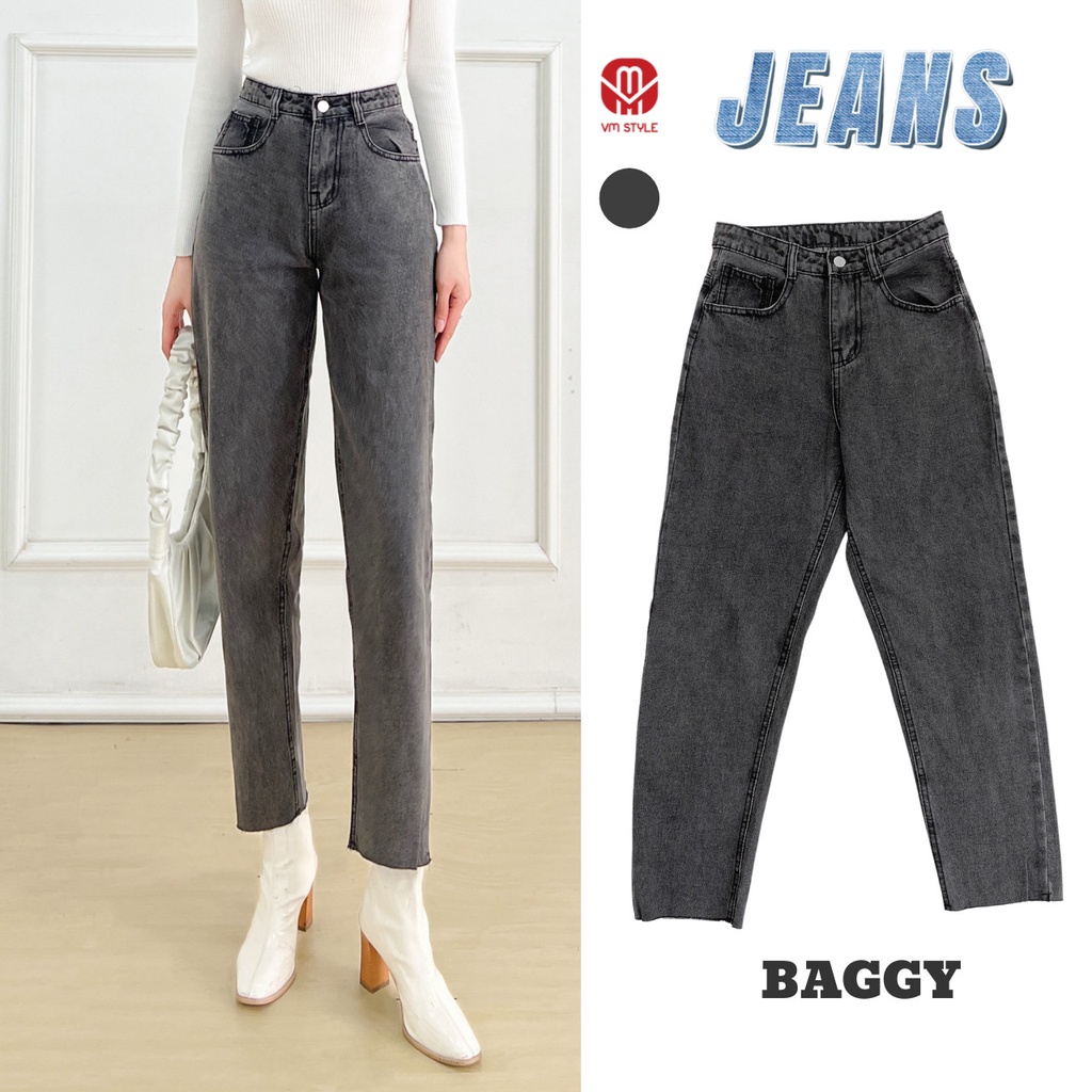 Quần jean baggy nữ đen VM Shop trơn lai thường, quần bò lưng cao thời trang ulzzang 080 22QJB03HH1903