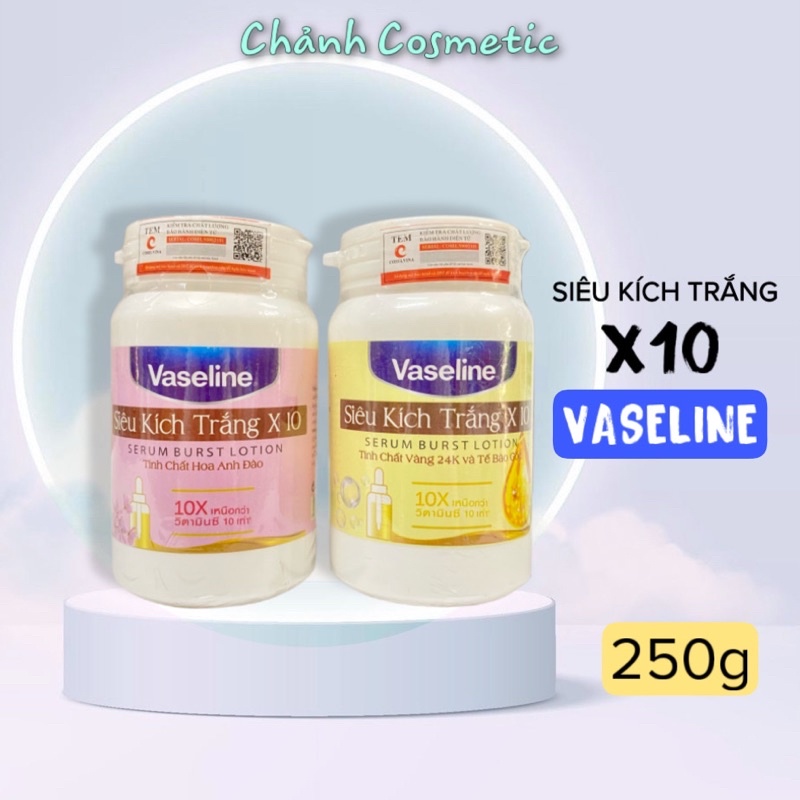 Combo Kích Trắng Nhanh Vaseline 250g & Sữa Dưỡng Thể Vaseline 10X Trắng Da, Mờ Thâm Đều Màu Da Vaseline 300ml