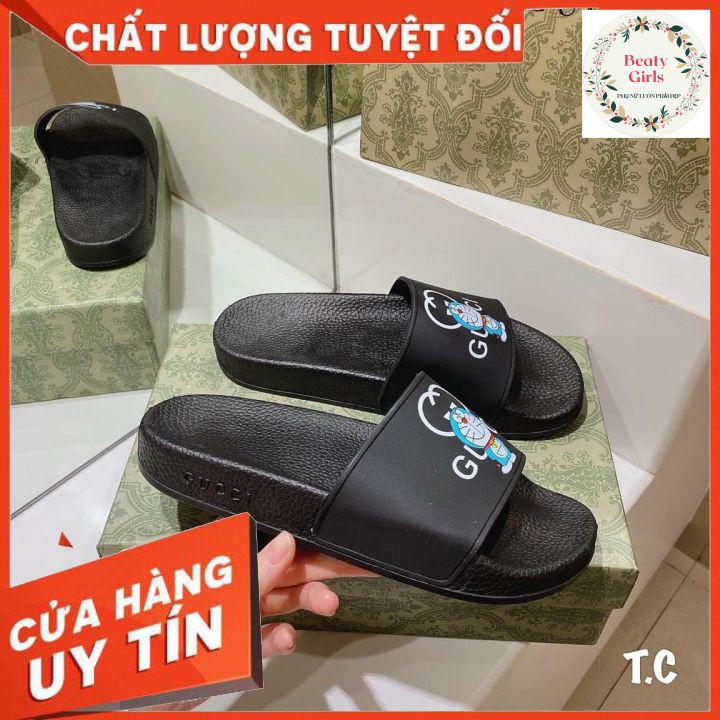 Dép thời trang nam nữ Gucci GG quai ngang da thật cao cấp in hình logo GC và Doraemon