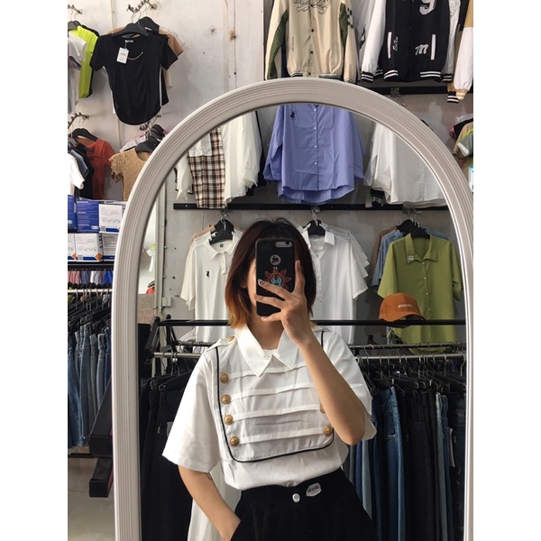 Áo sơ mi nữ tay ngắn- áo kiểu thủy thủ phối cúc