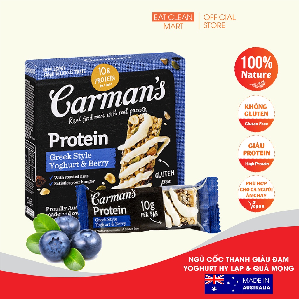 Thanh Năng Lượng Giàu Đạm Carman's Protein Bar Greekstyle Yoghurt &amp; Berry - Sữa Chua Hy Lạp &amp; Quả Mọng - 200g