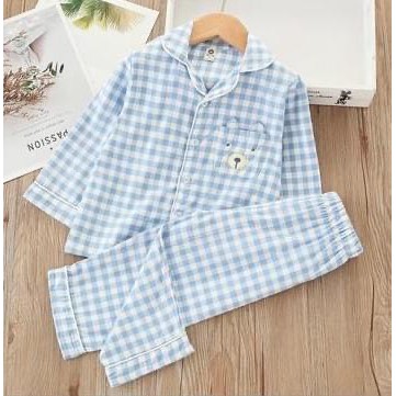 Bộ đồ pijama dài tay caro, túi gấu cho bé