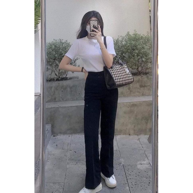 Quần KaKi Nữ Ống Loe Đen Trơn Hai Cúc Freeship Kèm Video Chất