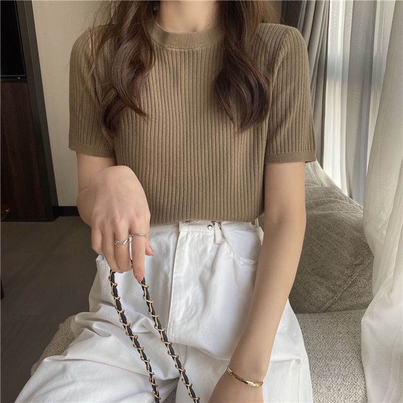 Áo Len Cộc Tay Cổ Tròn Phong Cách Basic Hàng Quảng Châu Dày Dặn