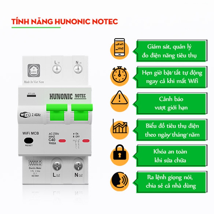 Aptomat ĐIỀU KHIỂN TỪ XA - Đo điện năng thông minh - Hunonic Notec 40A 63A 80A - Bảo hành 24 tháng