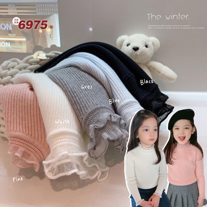 Áo sweater dệt kim tay dài cổ phối ren thời trang xuân thu cho bé gái 2021